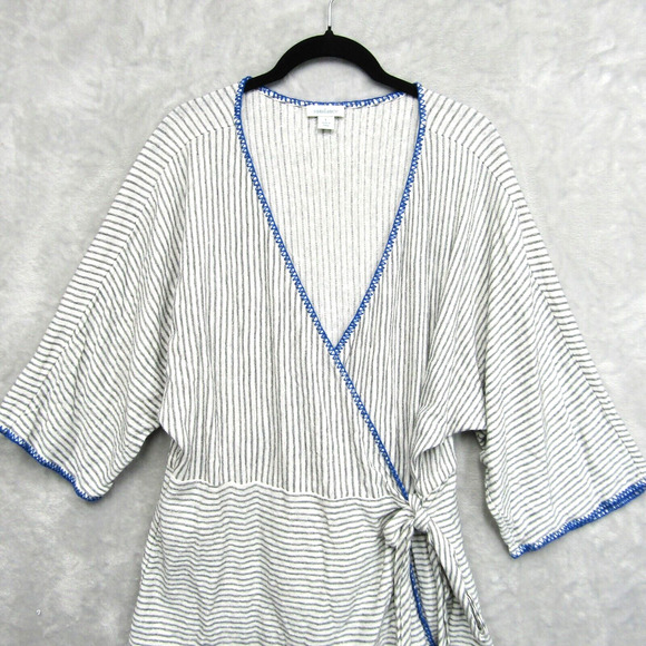 Sundance Wrap Top Womens Large White Gray Striped Belted Surplice Wide Sleeve - Picture 7 of 14
